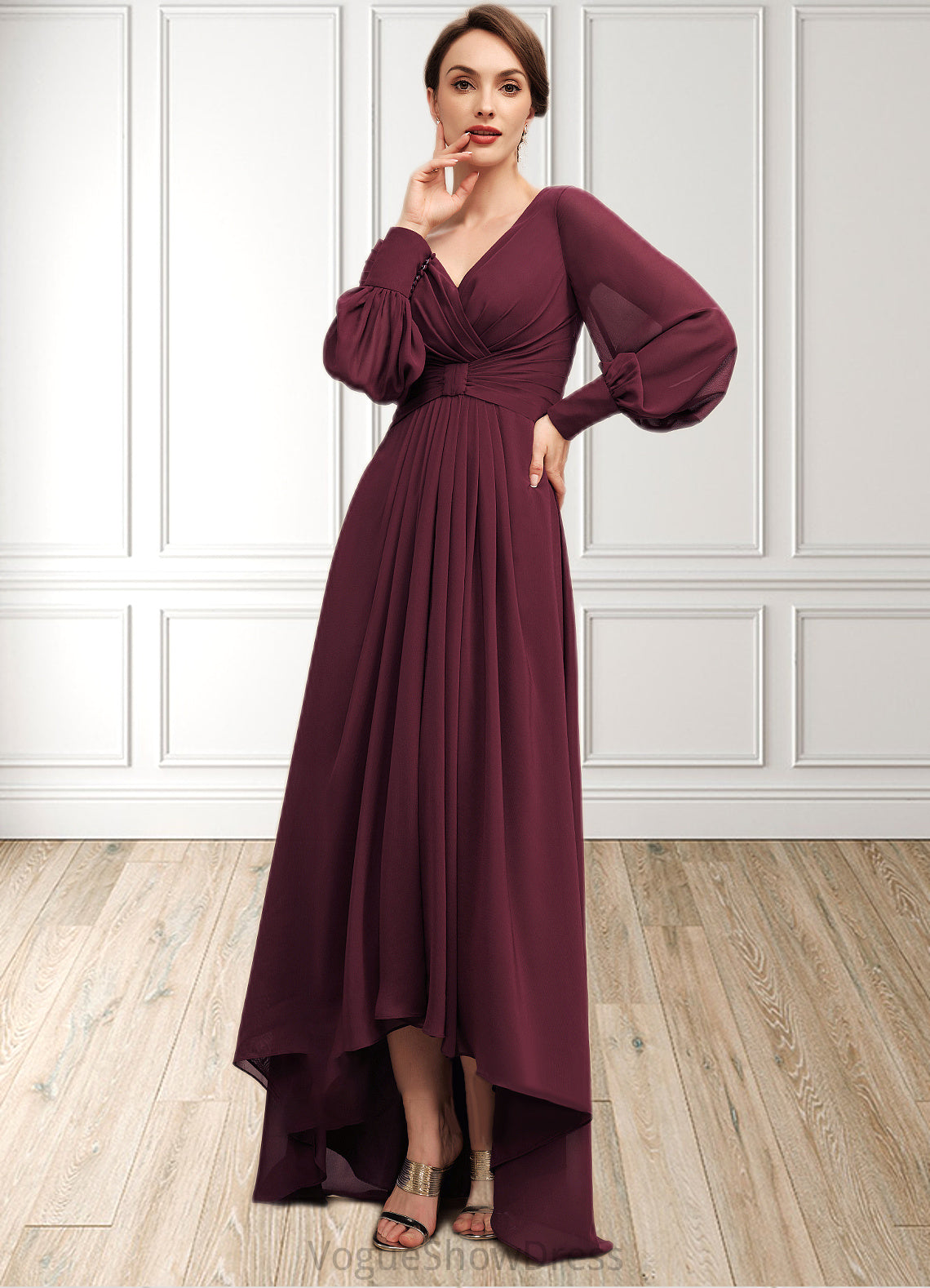 Kaylah A-Line V-neck Asymmetrical Chiffon Mother of the Bride Dress With Ruffle DL126P0014732