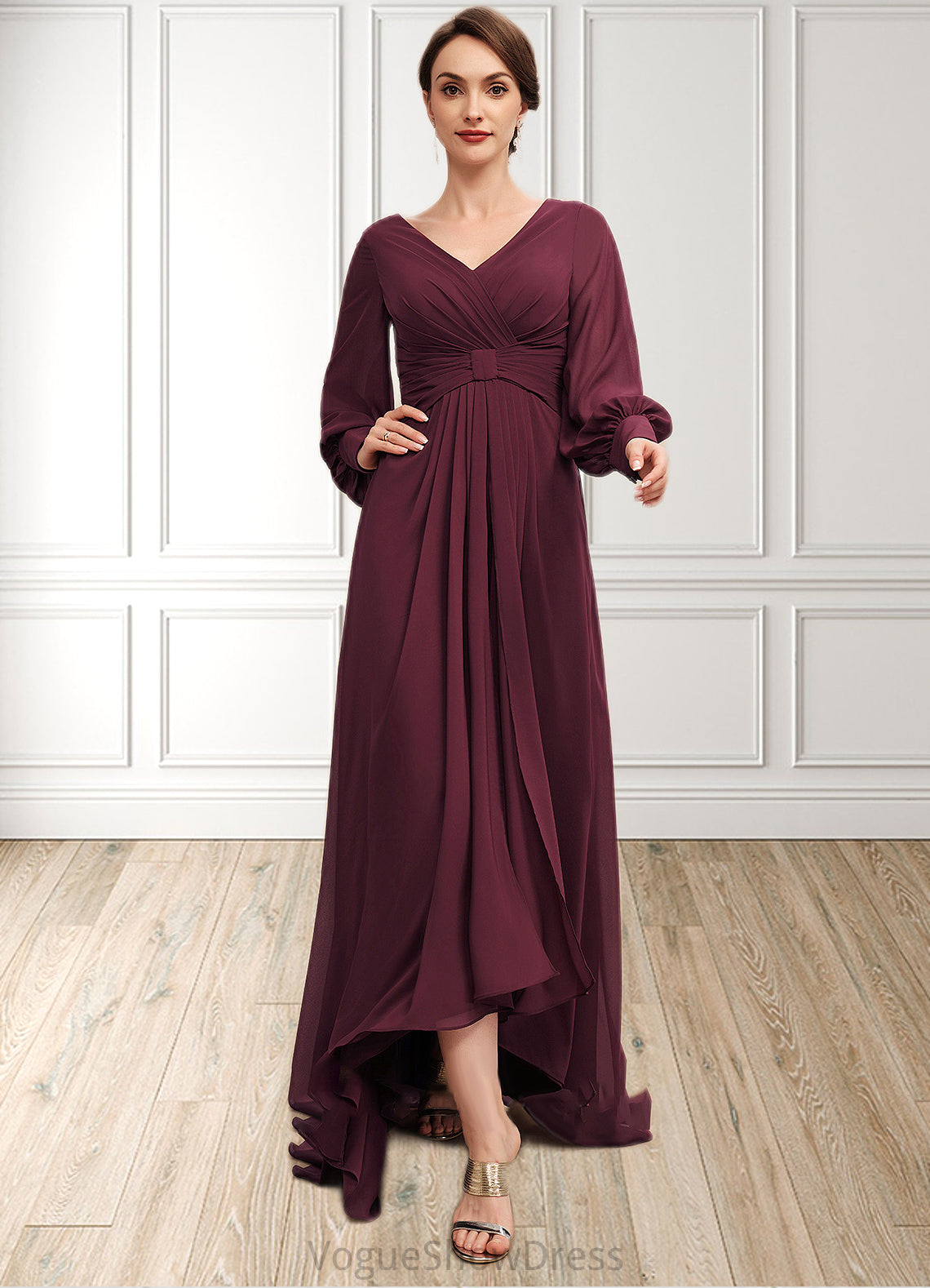 Kaylah A-Line V-neck Asymmetrical Chiffon Mother of the Bride Dress With Ruffle DL126P0014732