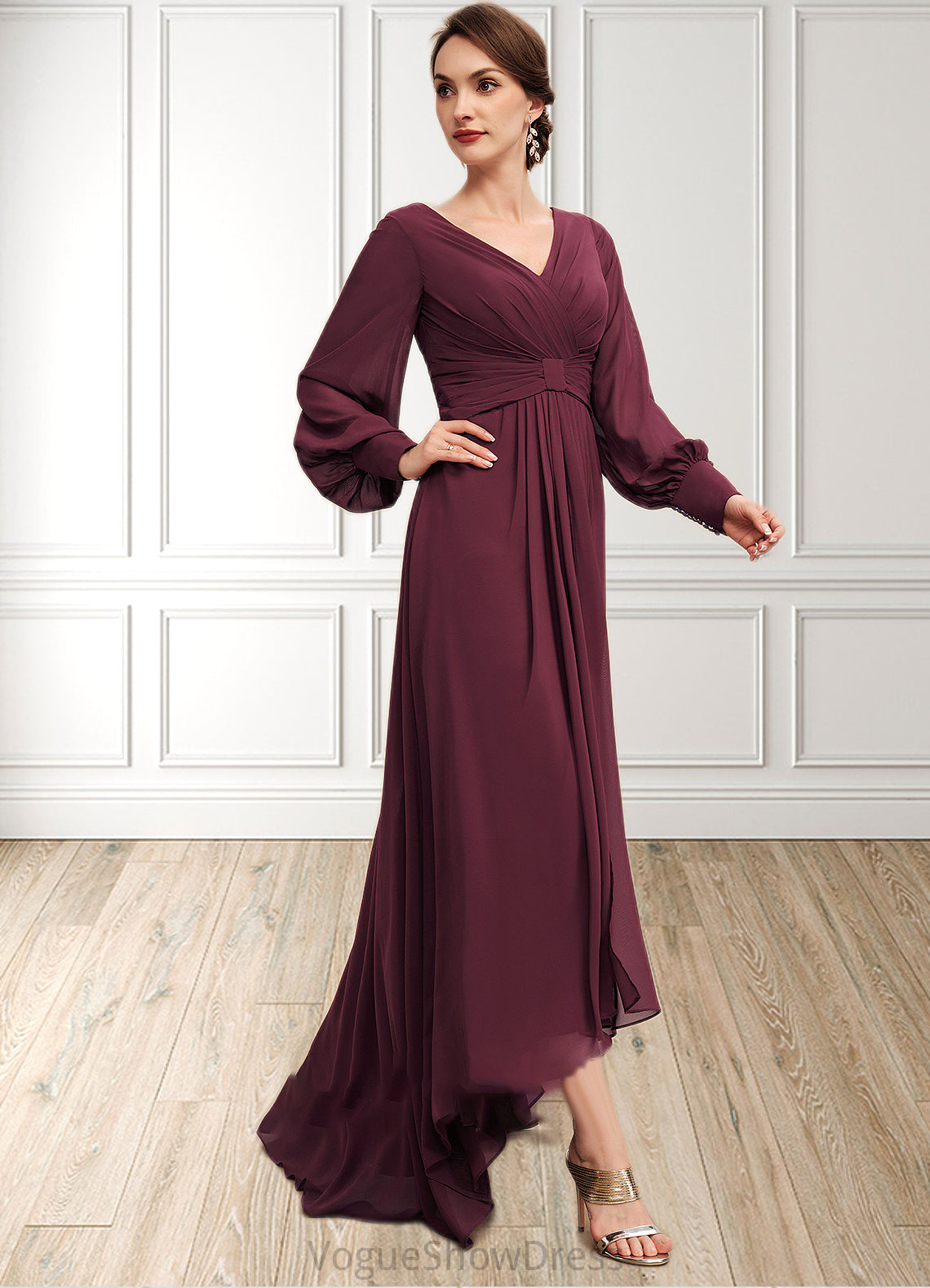 Kaylah A-Line V-neck Asymmetrical Chiffon Mother of the Bride Dress With Ruffle DL126P0014732