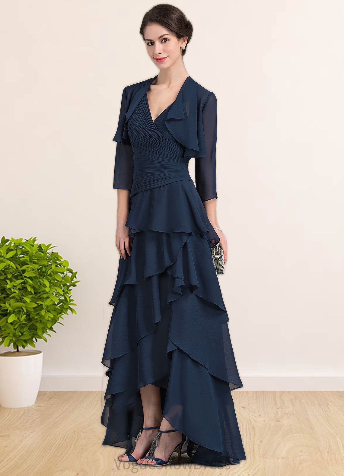 Aurora A-Line V-neck Asymmetrical Chiffon Mother of the Bride Dress With Beading Sequins Cascading Ruffles DL126P0014733