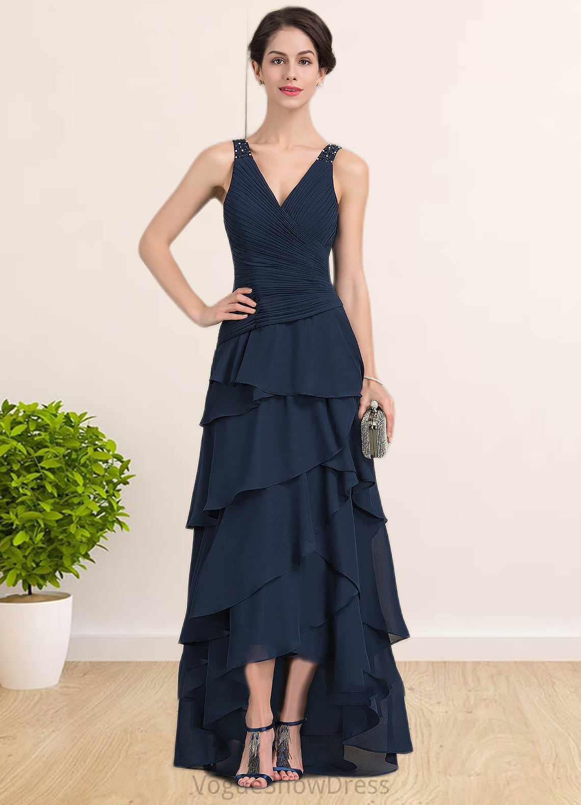 Aurora A-Line V-neck Asymmetrical Chiffon Mother of the Bride Dress With Beading Sequins Cascading Ruffles DL126P0014733