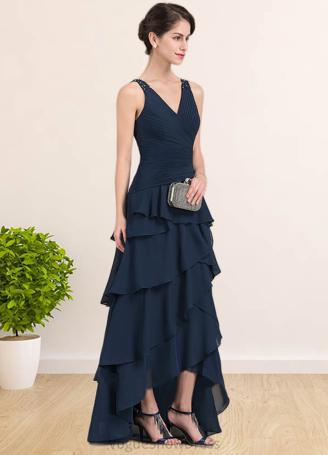 Aurora A-Line V-neck Asymmetrical Chiffon Mother of the Bride Dress With Beading Sequins Cascading Ruffles DL126P0014733