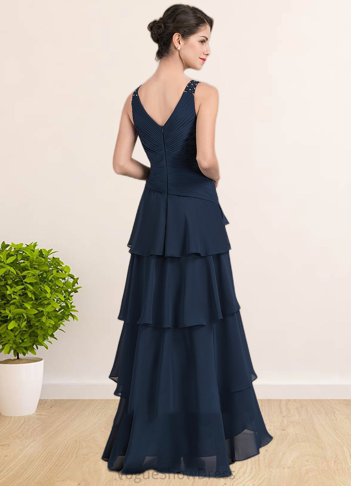 Aurora A-Line V-neck Asymmetrical Chiffon Mother of the Bride Dress With Beading Sequins Cascading Ruffles DL126P0014733