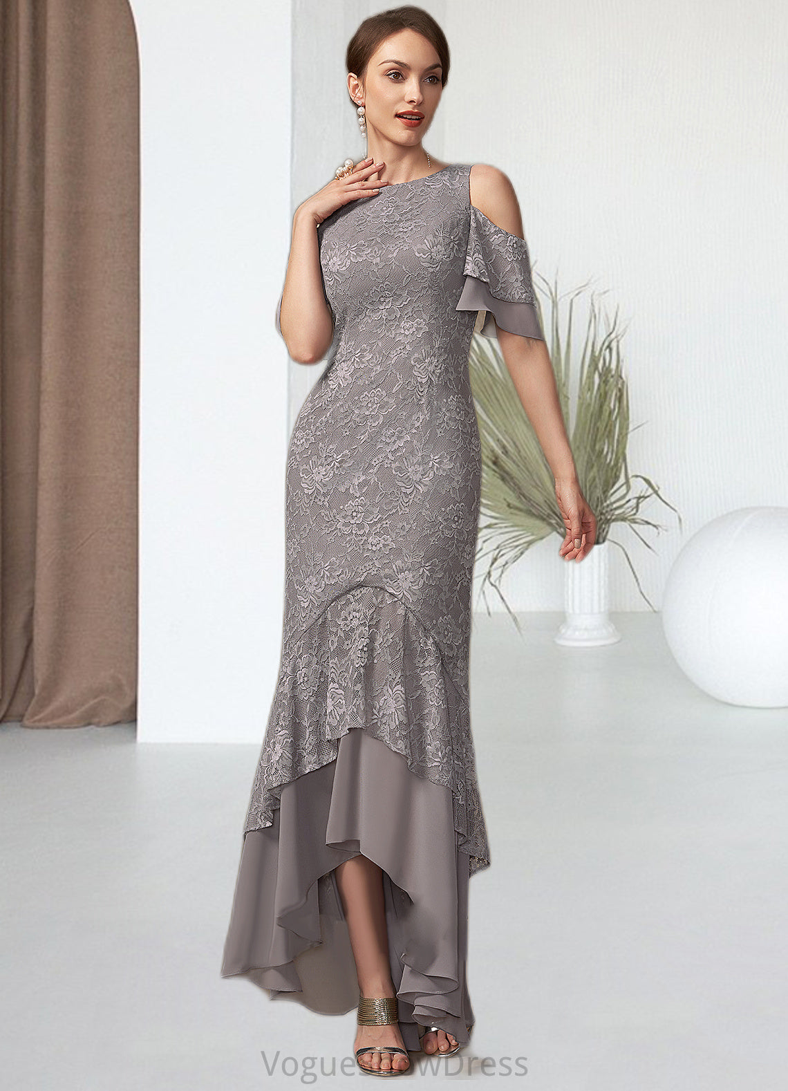 Jolie Trumpet/Mermaid Scoop Neck Asymmetrical Chiffon Lace Mother of the Bride Dress With Cascading Ruffles DL126P0014734