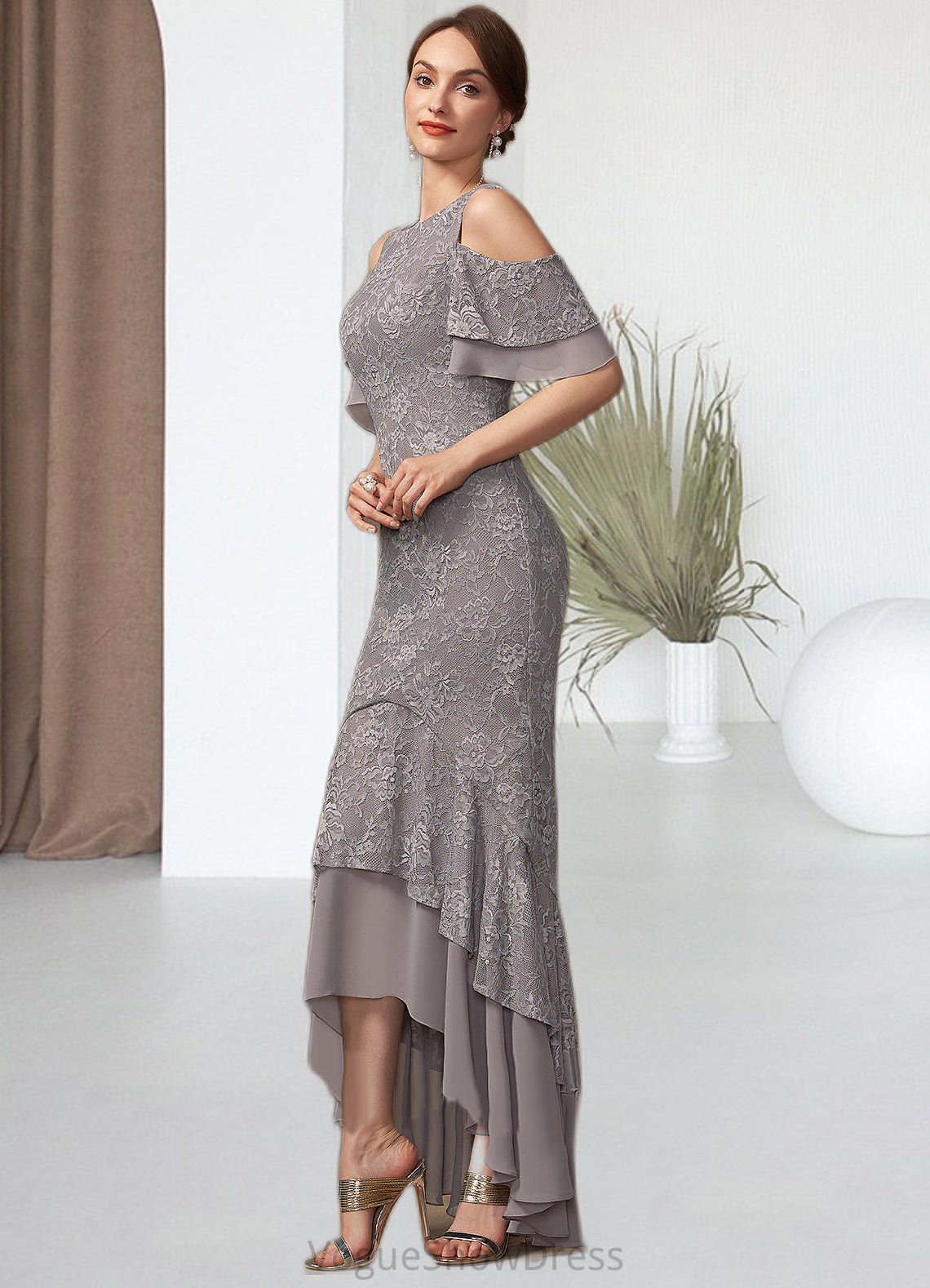 Jolie Trumpet/Mermaid Scoop Neck Asymmetrical Chiffon Lace Mother of the Bride Dress With Cascading Ruffles DL126P0014734