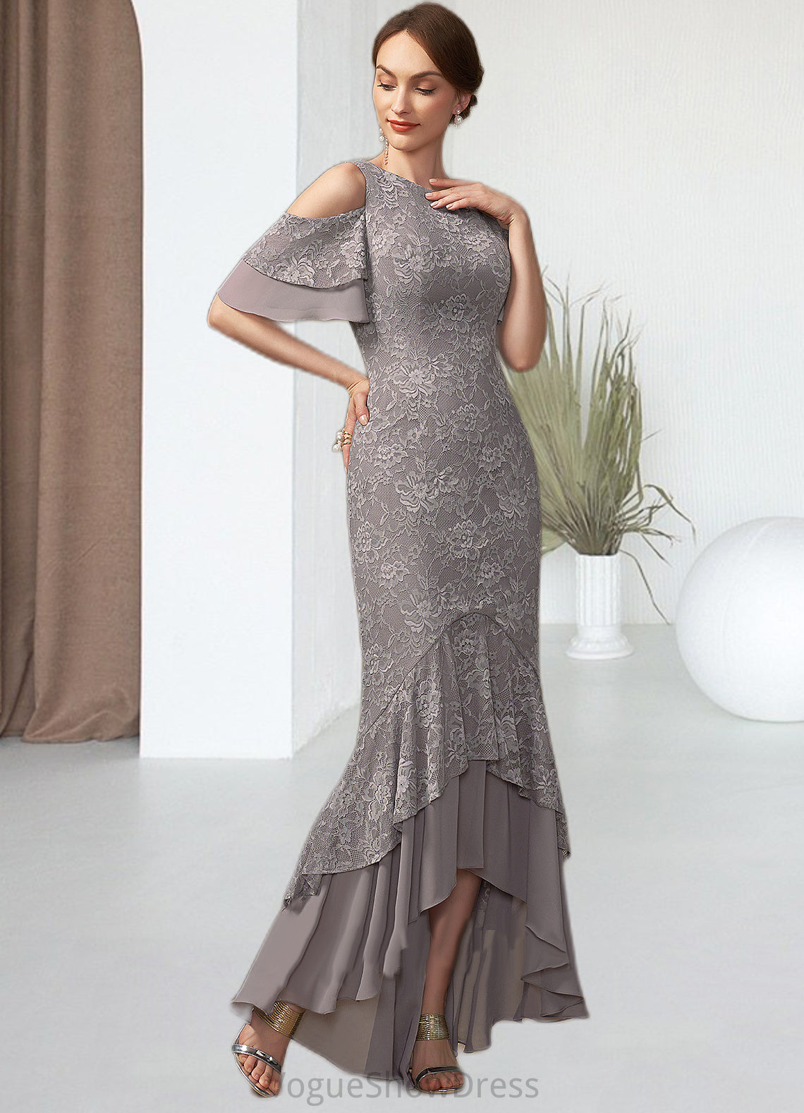 Jolie Trumpet/Mermaid Scoop Neck Asymmetrical Chiffon Lace Mother of the Bride Dress With Cascading Ruffles DL126P0014734