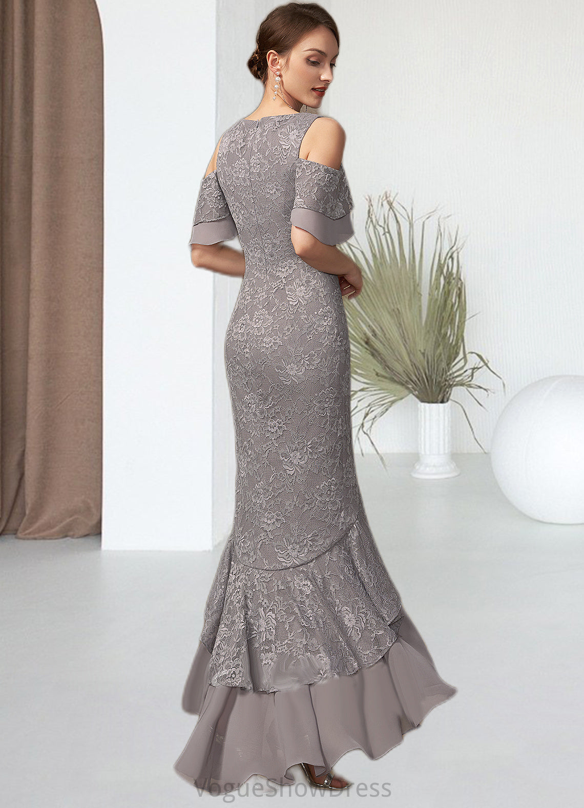 Jolie Trumpet/Mermaid Scoop Neck Asymmetrical Chiffon Lace Mother of the Bride Dress With Cascading Ruffles DL126P0014734