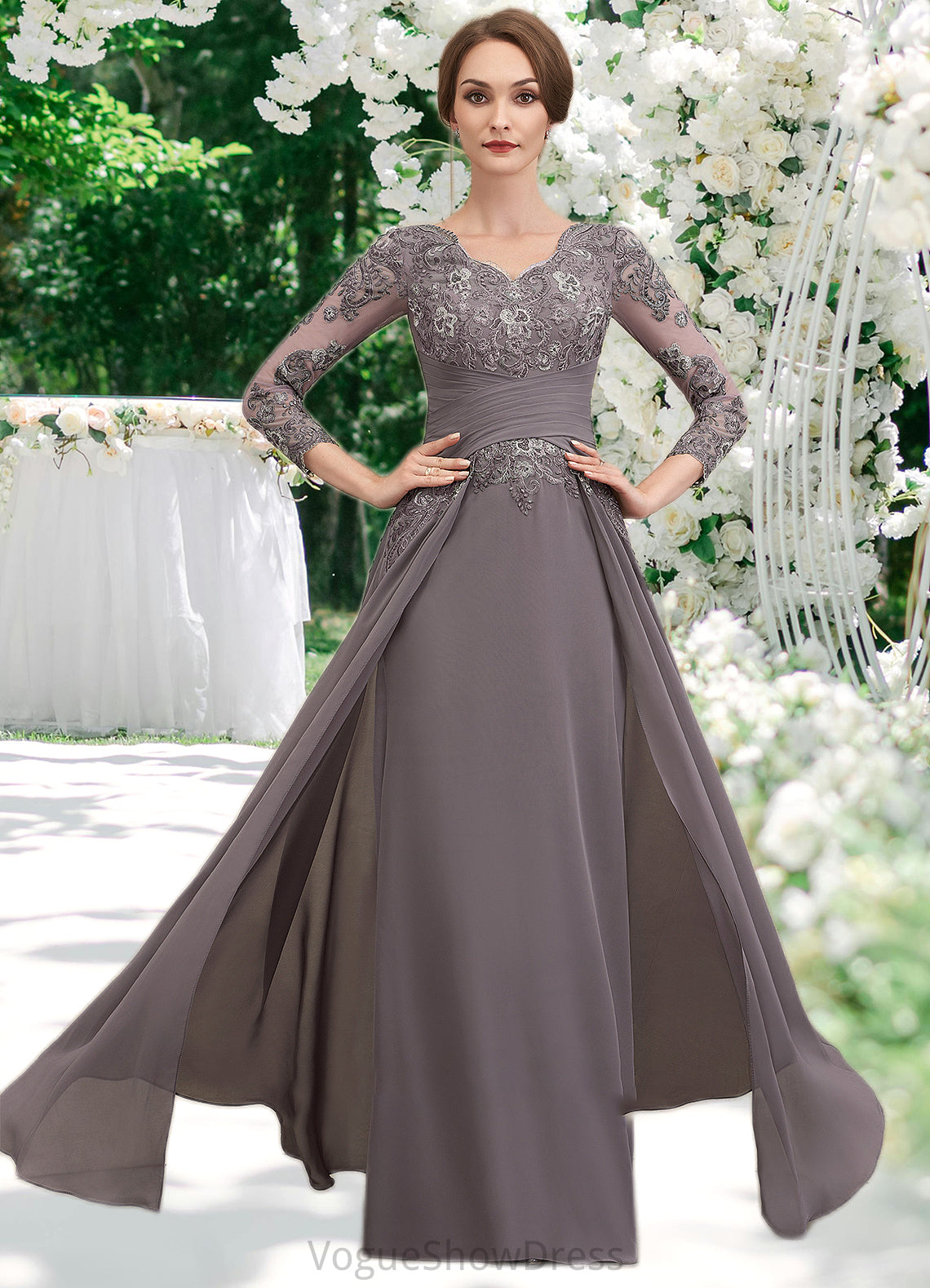 Stella A-Line V-neck Floor-Length Chiffon Lace Mother of the Bride Dress With Ruffle DL126P0014735