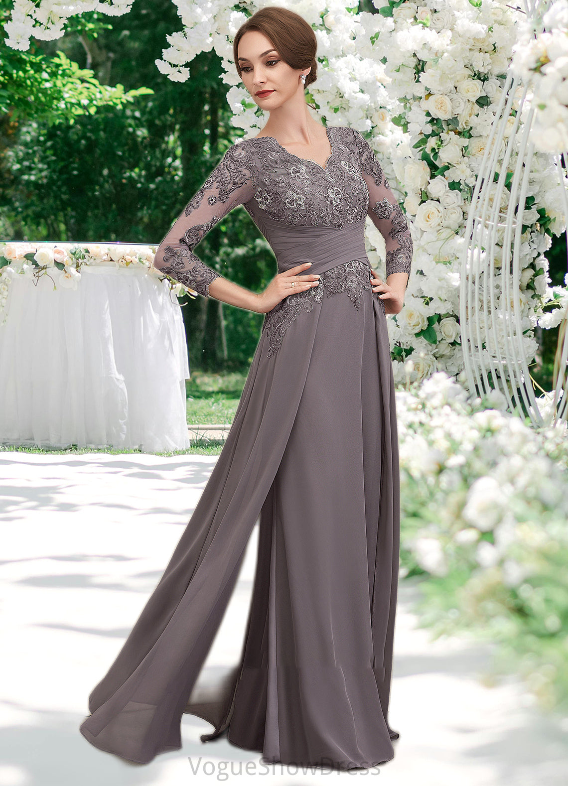 Stella A-Line V-neck Floor-Length Chiffon Lace Mother of the Bride Dress With Ruffle DL126P0014735