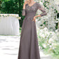 Stella A-Line V-neck Floor-Length Chiffon Lace Mother of the Bride Dress With Ruffle DL126P0014735