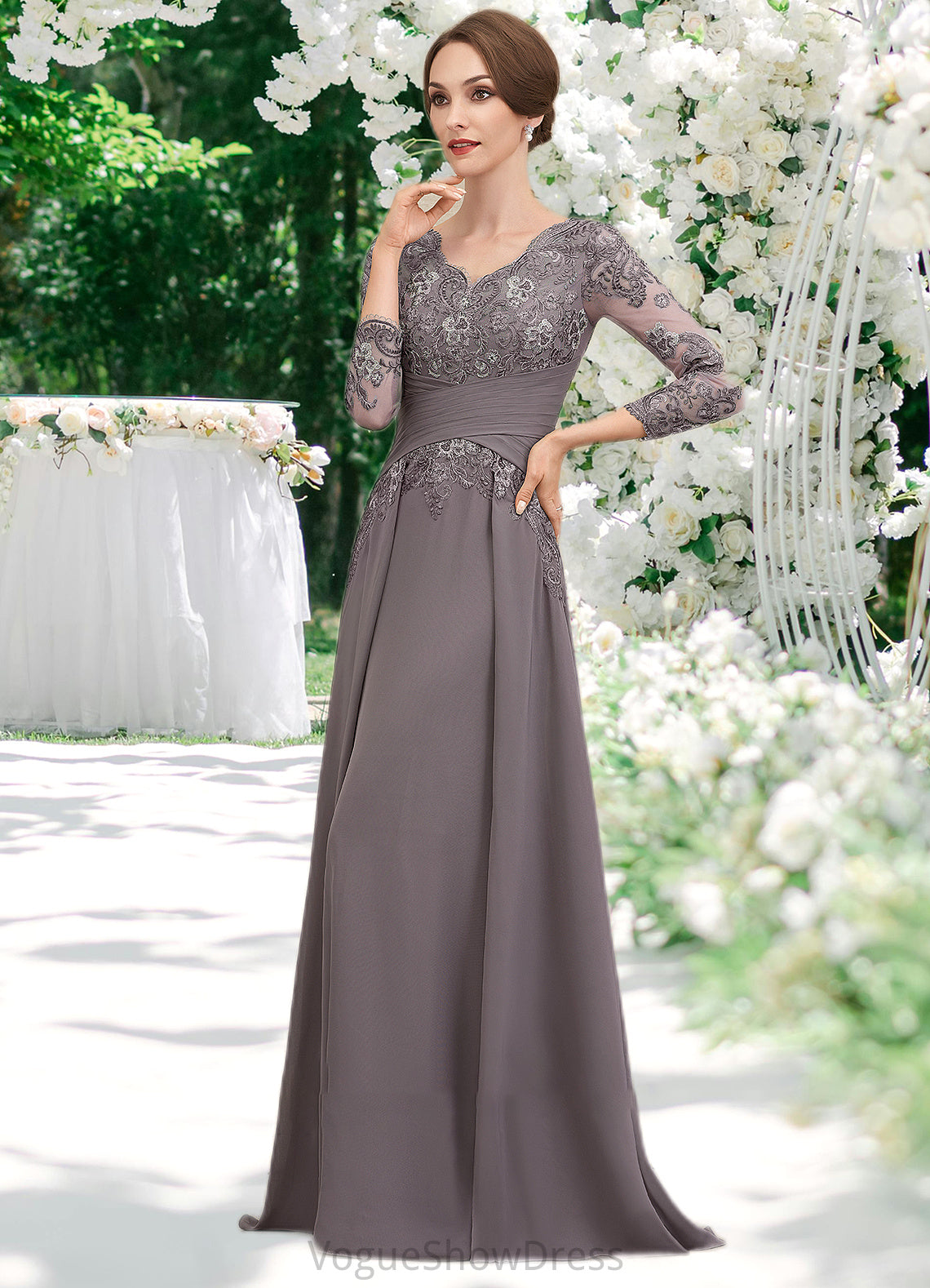 Stella A-Line V-neck Floor-Length Chiffon Lace Mother of the Bride Dress With Ruffle DL126P0014735