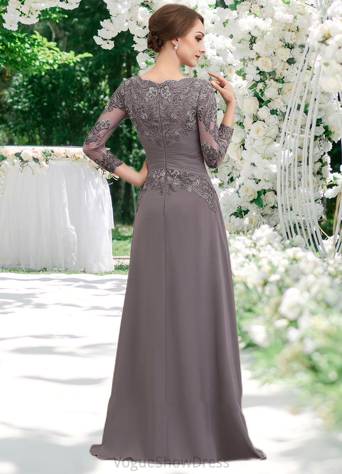 Stella A-Line V-neck Floor-Length Chiffon Lace Mother of the Bride Dress With Ruffle DL126P0014735