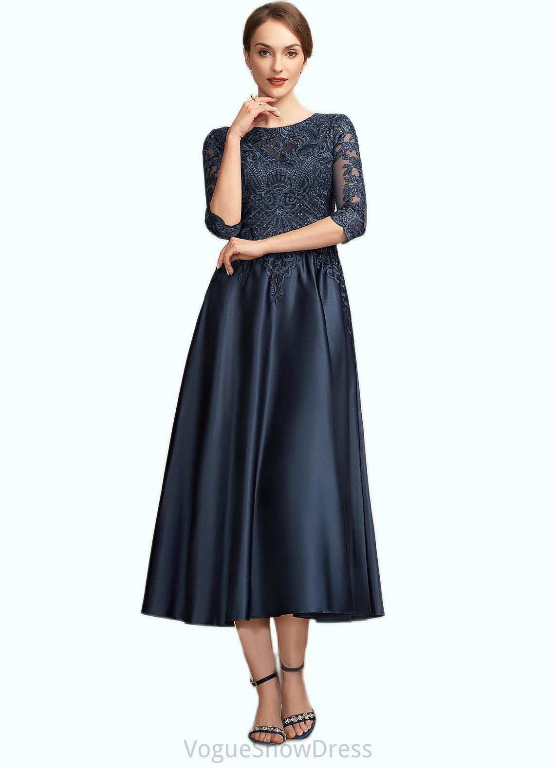 Zoe A-Line Scoop Neck Tea-Length Satin Lace Mother of the Bride Dress With Sequins DL126P0014736