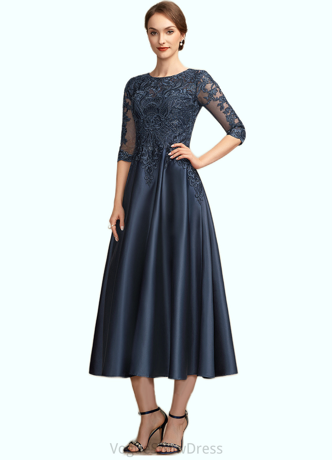 Zoe A-Line Scoop Neck Tea-Length Satin Lace Mother of the Bride Dress With Sequins DL126P0014736