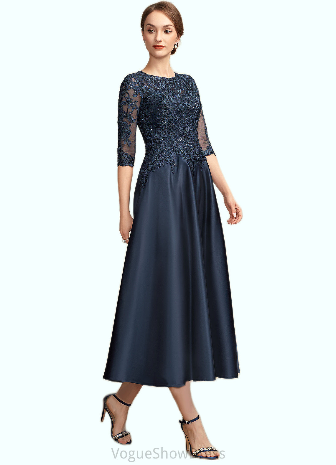 Zoe A-Line Scoop Neck Tea-Length Satin Lace Mother of the Bride Dress With Sequins DL126P0014736