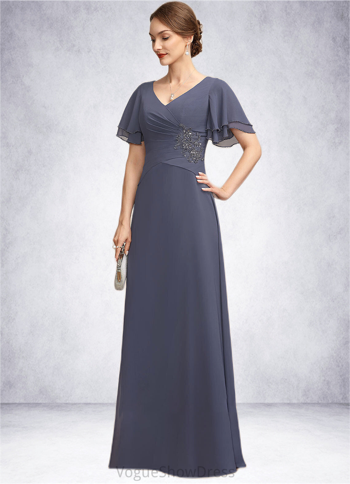 Madeline A-Line V-neck Floor-Length Chiffon Mother of the Bride Dress With Ruffle Beading DL126P0014737