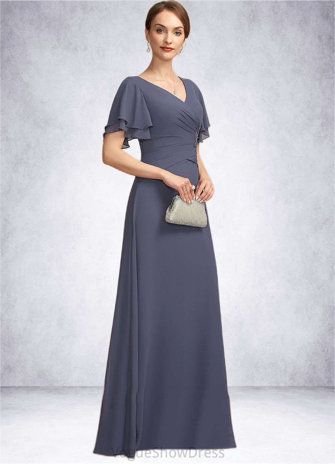 Madeline A-Line V-neck Floor-Length Chiffon Mother of the Bride Dress With Ruffle Beading DL126P0014737