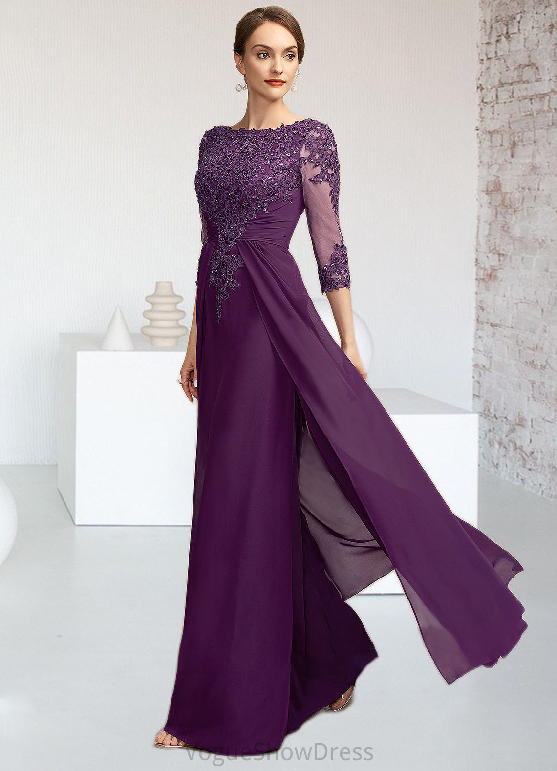 Jillian A-Line Scoop Neck Floor-Length Chiffon Lace Mother of the Bride Dress With Beading Sequins DL126P0014738