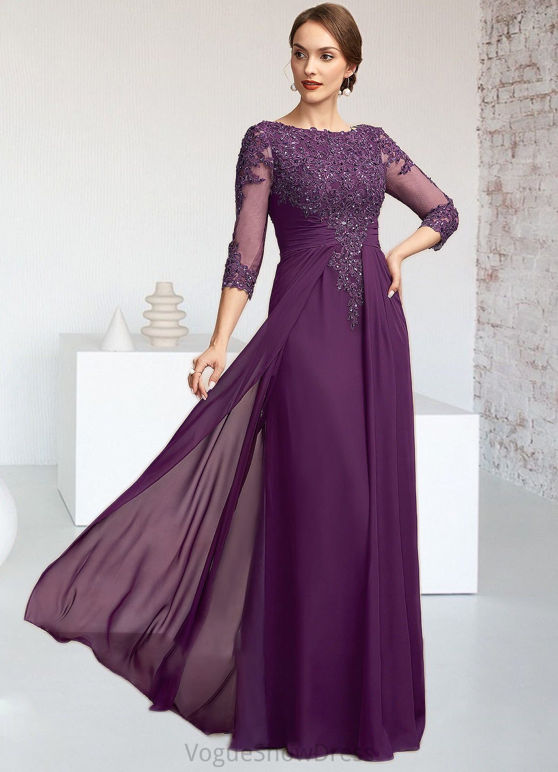 Jillian A-Line Scoop Neck Floor-Length Chiffon Lace Mother of the Bride Dress With Beading Sequins DL126P0014738