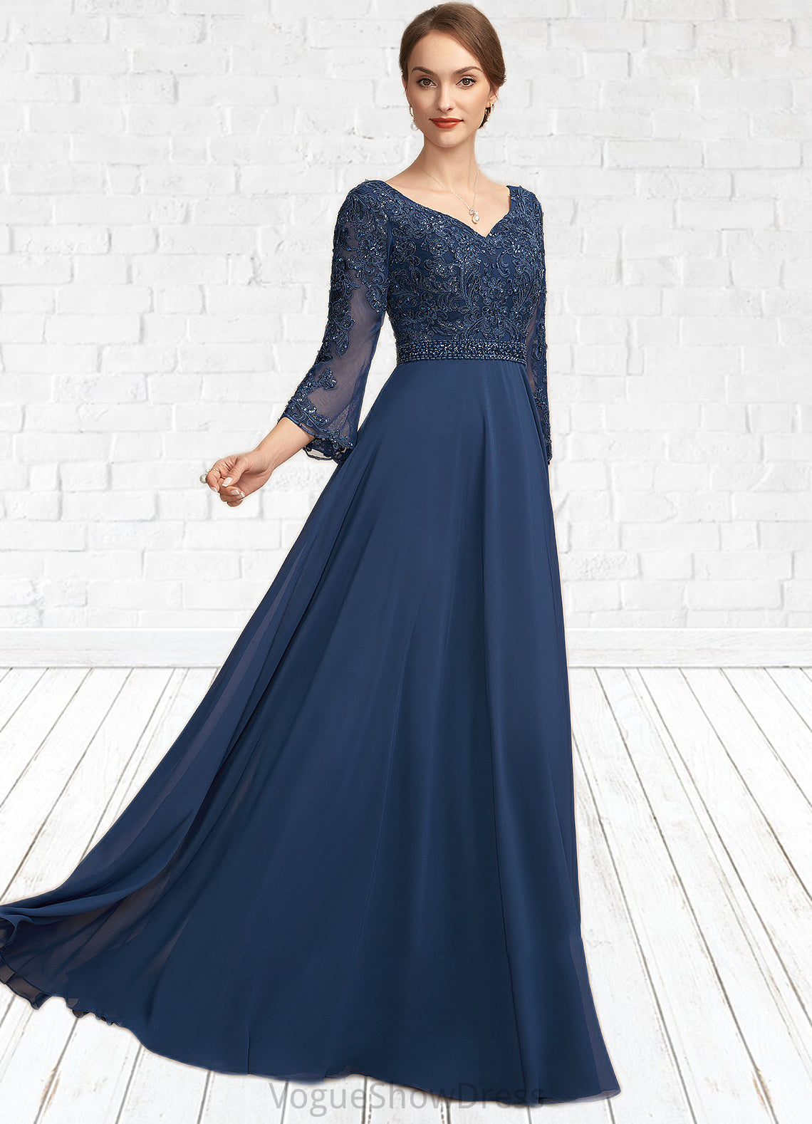 Tiffany A-Line V-neck Floor-Length Chiffon Lace Mother of the Bride Dress With Beading Sequins DL126P0014739