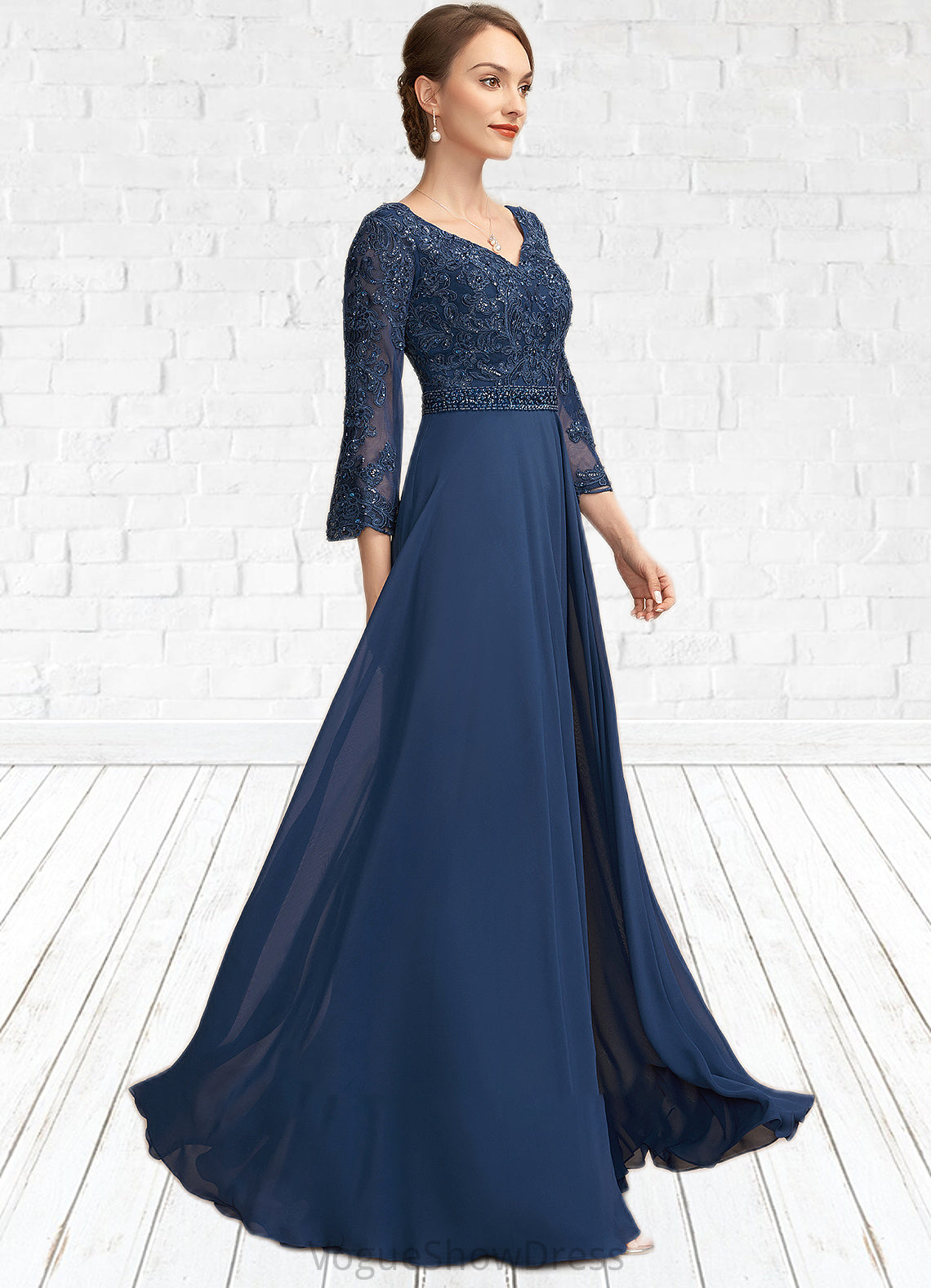 Tiffany A-Line V-neck Floor-Length Chiffon Lace Mother of the Bride Dress With Beading Sequins DL126P0014739