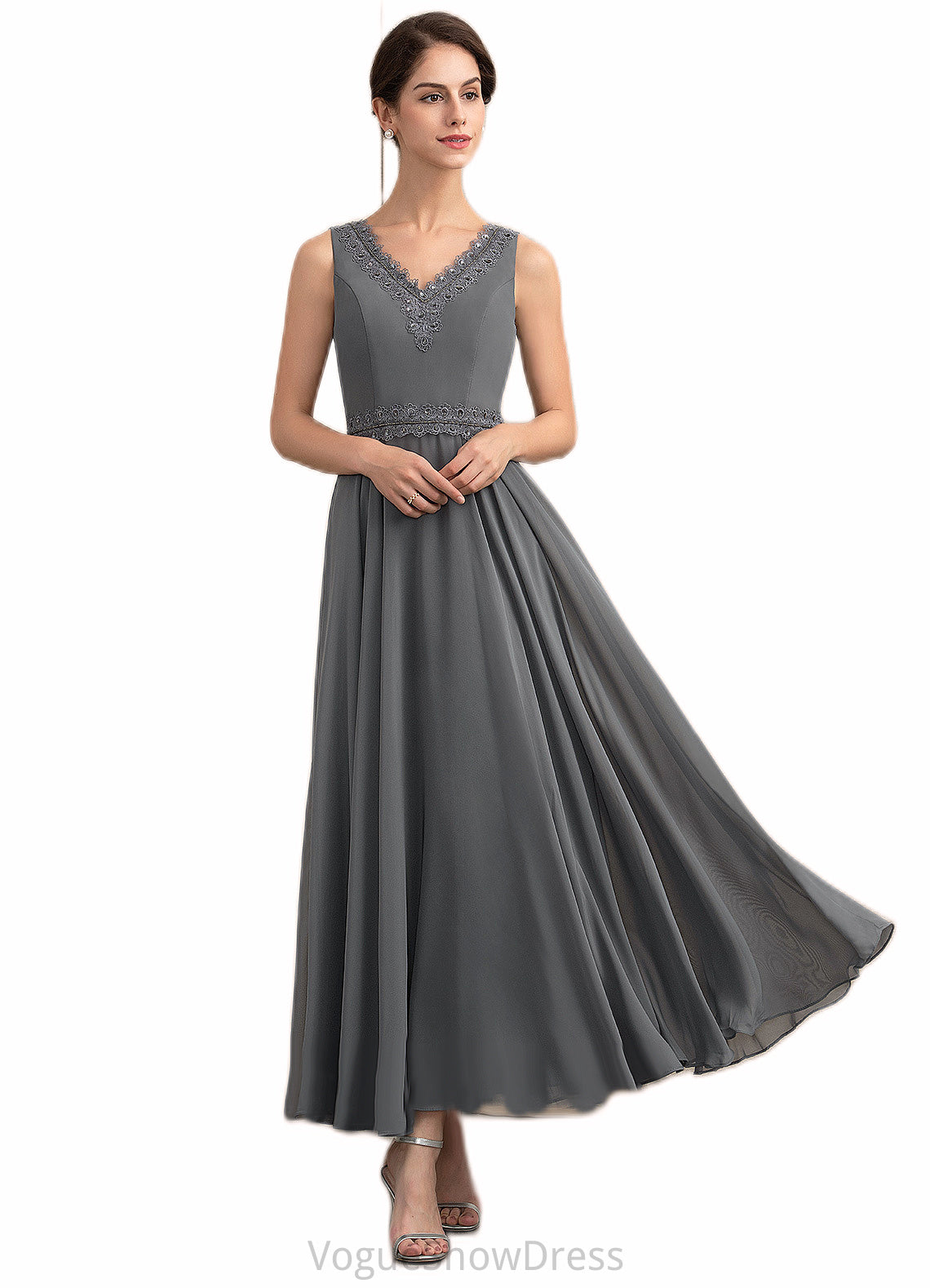 Lizeth A-Line V-neck Ankle-Length Chiffon Mother of the Bride Dress With Beading Sequins DL126P0014740