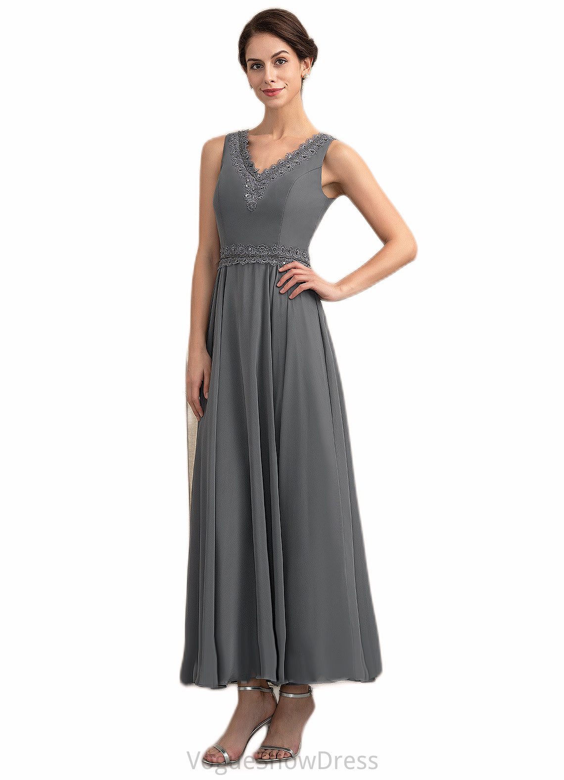 Lizeth A-Line V-neck Ankle-Length Chiffon Mother of the Bride Dress With Beading Sequins DL126P0014740