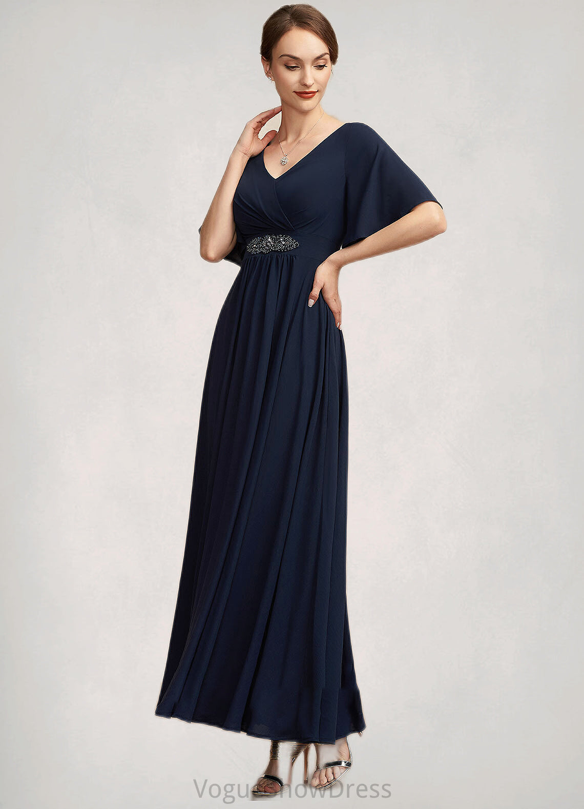 Dayami A-Line V-neck Ankle-Length Mother of the Bride Dress With Ruffle DL126P0014742