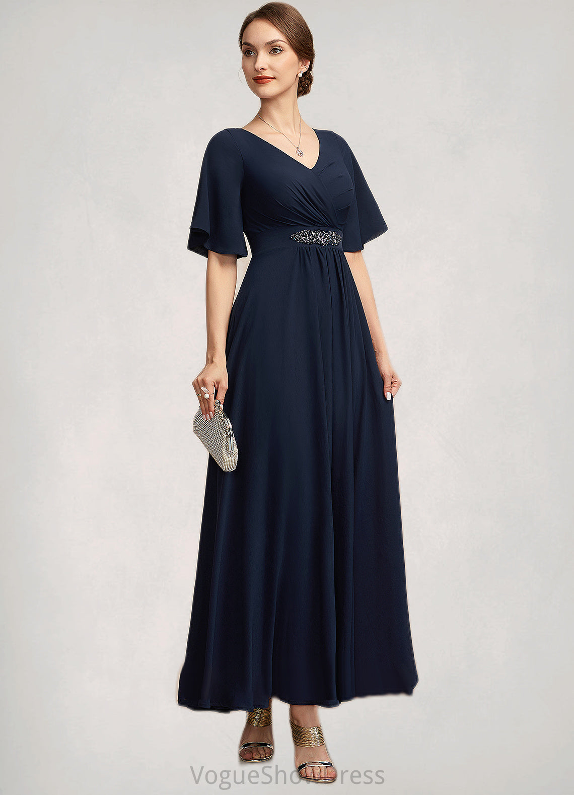 Dayami A-Line V-neck Ankle-Length Mother of the Bride Dress With Ruffle DL126P0014742