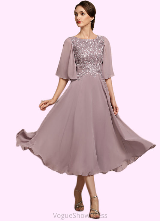 Irene A-Line Scoop Neck Tea-Length Chiffon Lace Mother of the Bride Dress DL126P0014743