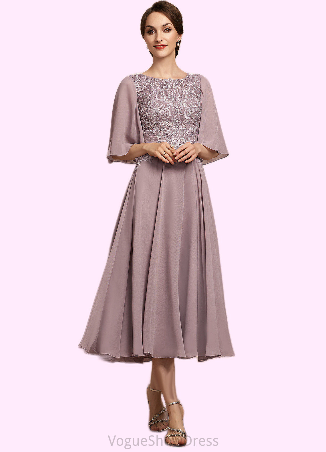 Irene A-Line Scoop Neck Tea-Length Chiffon Lace Mother of the Bride Dress DL126P0014743