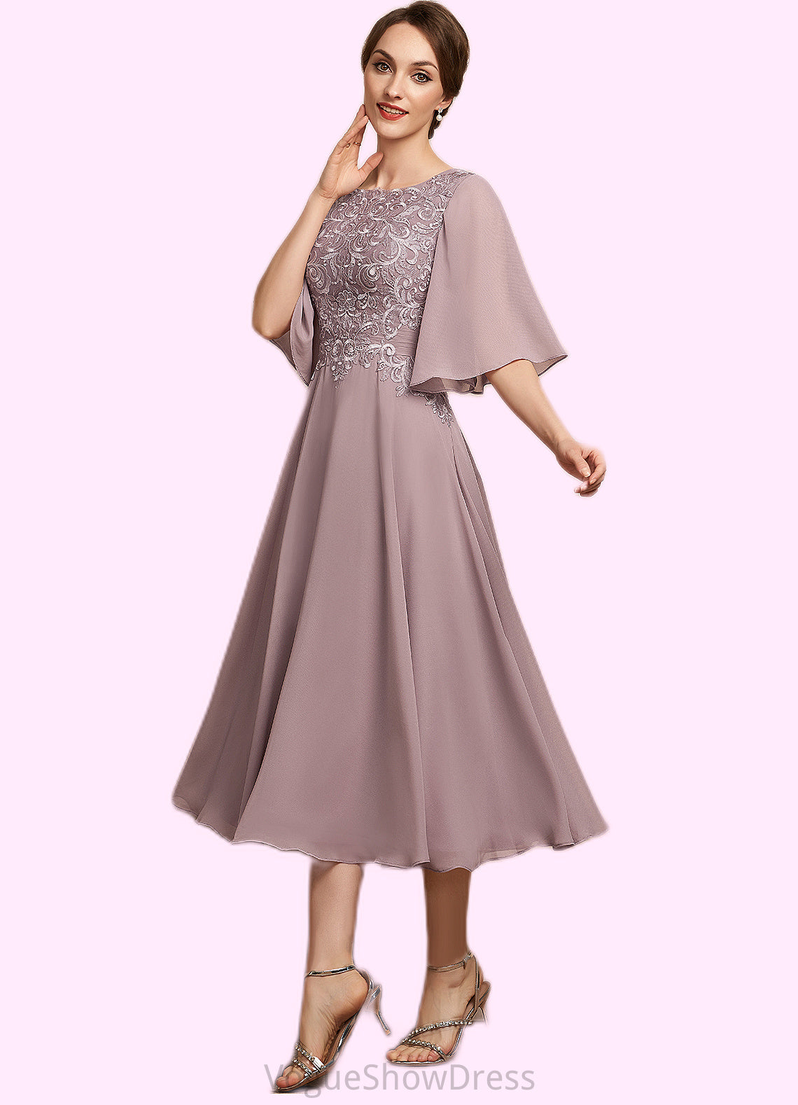 Irene A-Line Scoop Neck Tea-Length Chiffon Lace Mother of the Bride Dress DL126P0014743