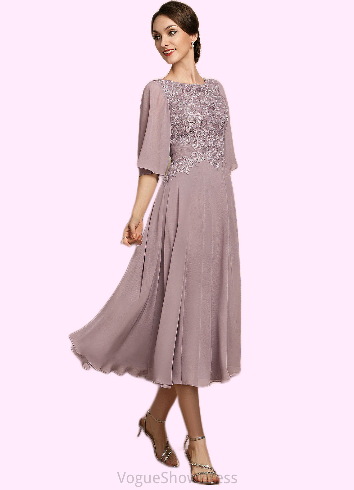 Irene A-Line Scoop Neck Tea-Length Chiffon Lace Mother of the Bride Dress DL126P0014743