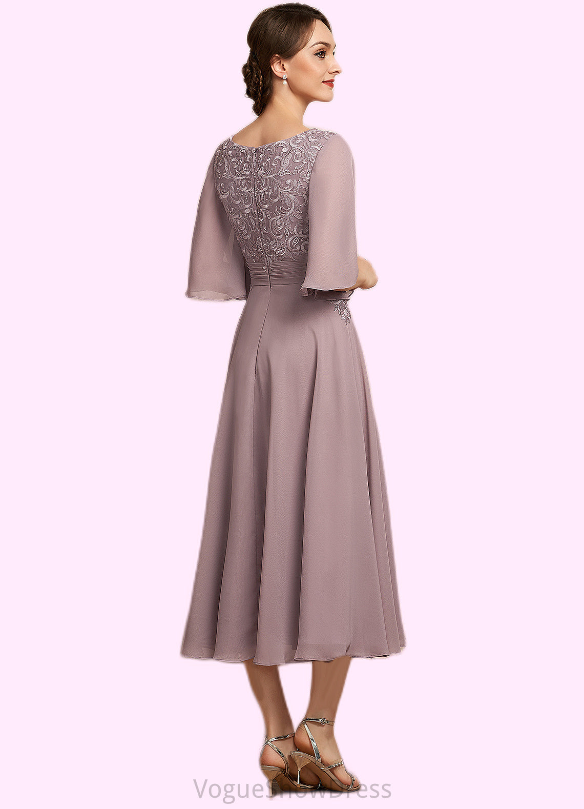 Irene A-Line Scoop Neck Tea-Length Chiffon Lace Mother of the Bride Dress DL126P0014743