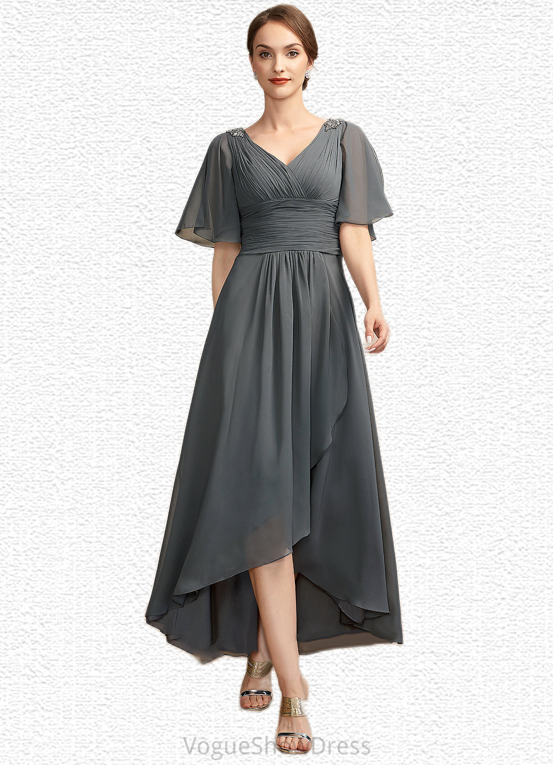 Jessica A-Line V-neck Asymmetrical Chiffon Mother of the Bride Dress With Ruffle Beading DL126P0014744