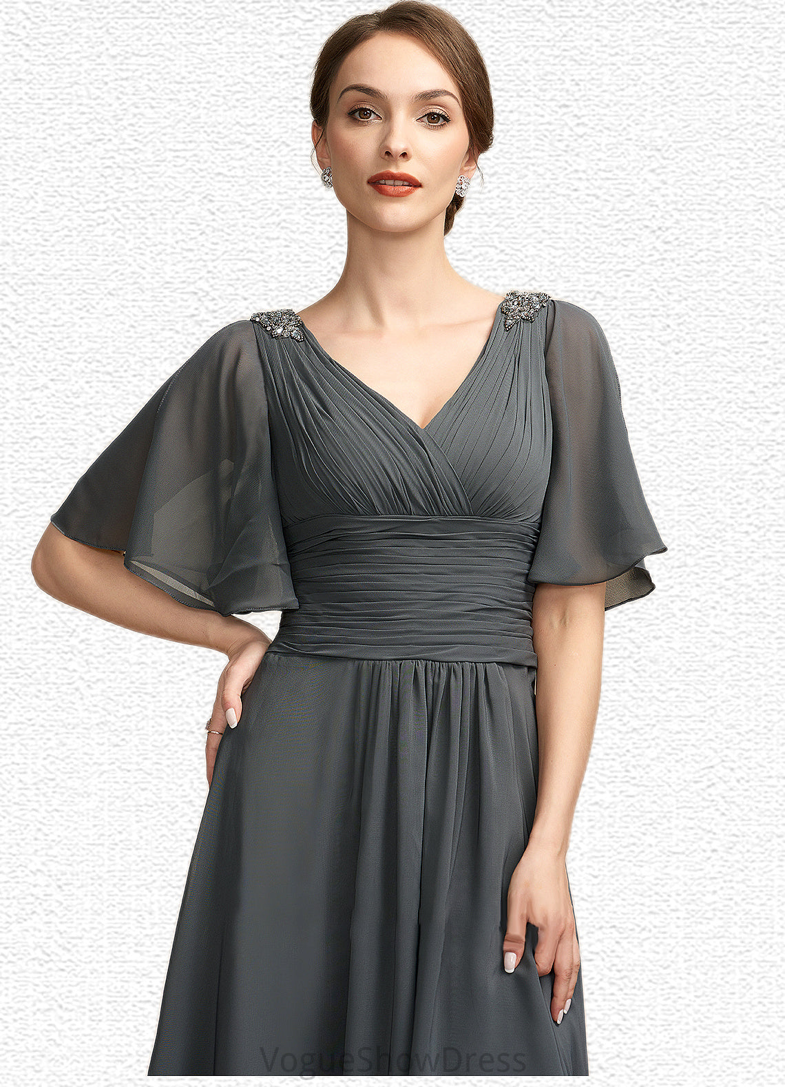 Jessica A-Line V-neck Asymmetrical Chiffon Mother of the Bride Dress With Ruffle Beading DL126P0014744