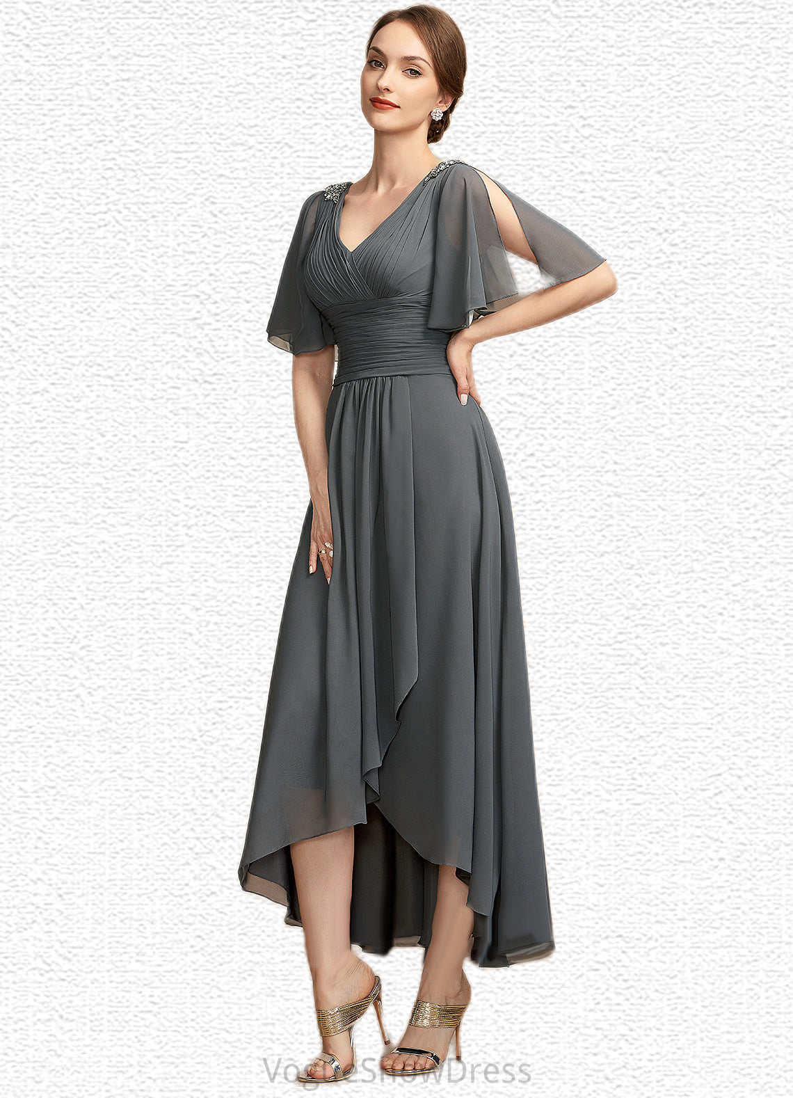 Jessica A-Line V-neck Asymmetrical Chiffon Mother of the Bride Dress With Ruffle Beading DL126P0014744