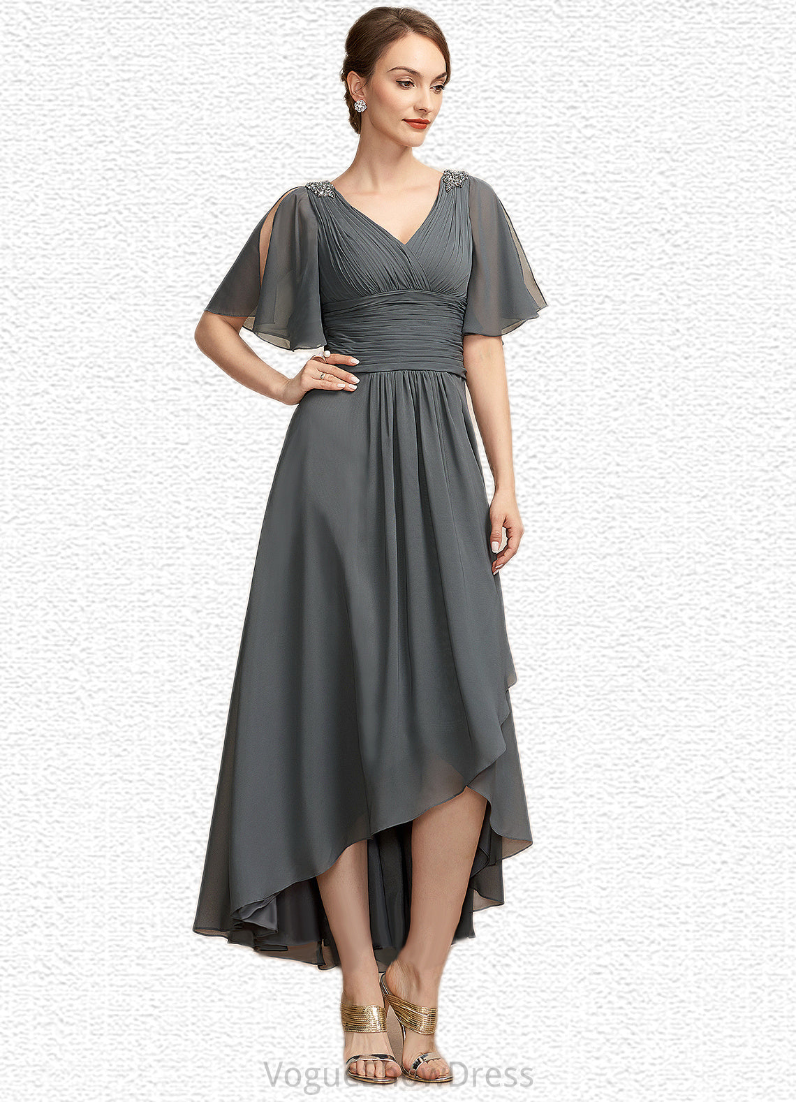 Jessica A-Line V-neck Asymmetrical Chiffon Mother of the Bride Dress With Ruffle Beading DL126P0014744