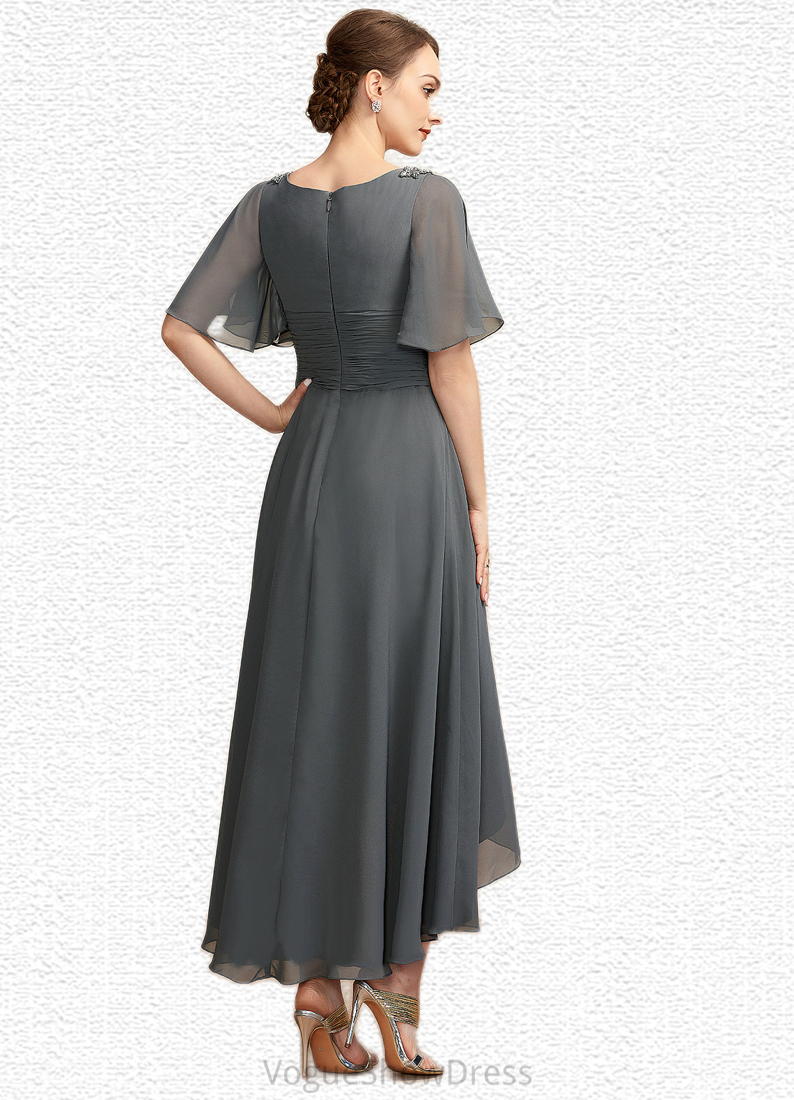 Jessica A-Line V-neck Asymmetrical Chiffon Mother of the Bride Dress With Ruffle Beading DL126P0014744