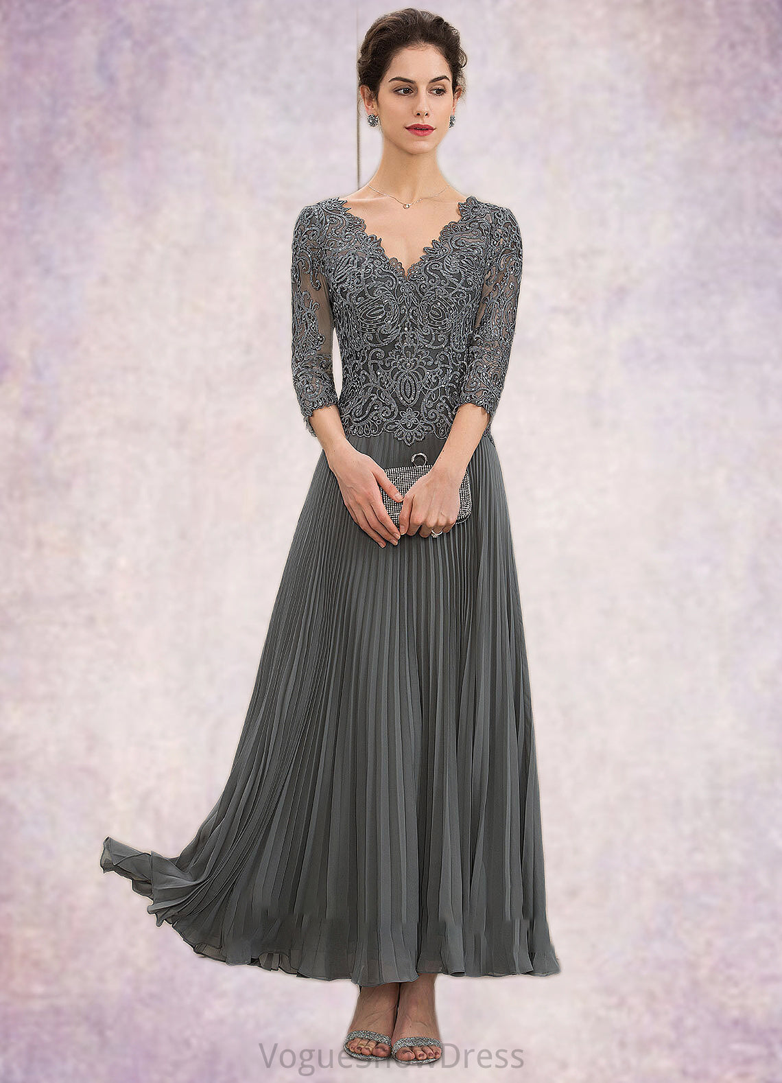 Paisley A-Line V-neck Ankle-Length Chiffon Lace Mother of the Bride Dress With Sequins Pleated DL126P0014745