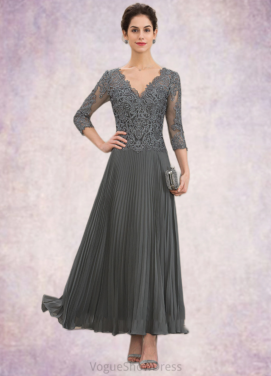 Paisley A-Line V-neck Ankle-Length Chiffon Lace Mother of the Bride Dress With Sequins Pleated DL126P0014745