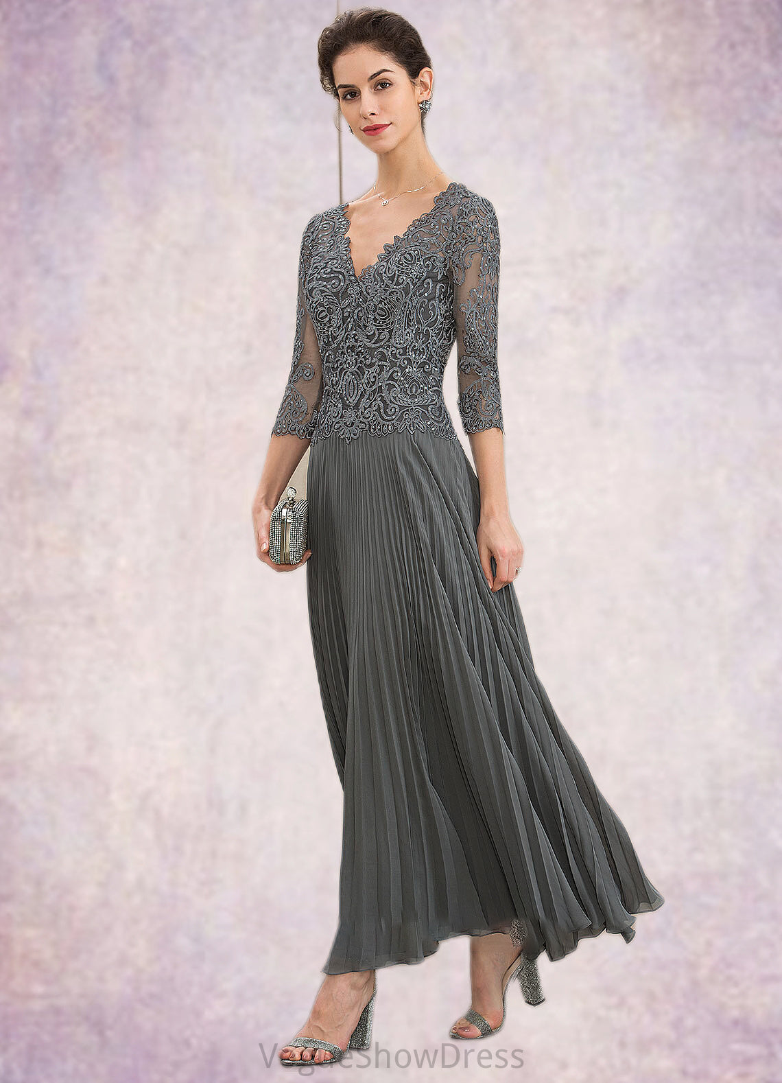 Paisley A-Line V-neck Ankle-Length Chiffon Lace Mother of the Bride Dress With Sequins Pleated DL126P0014745