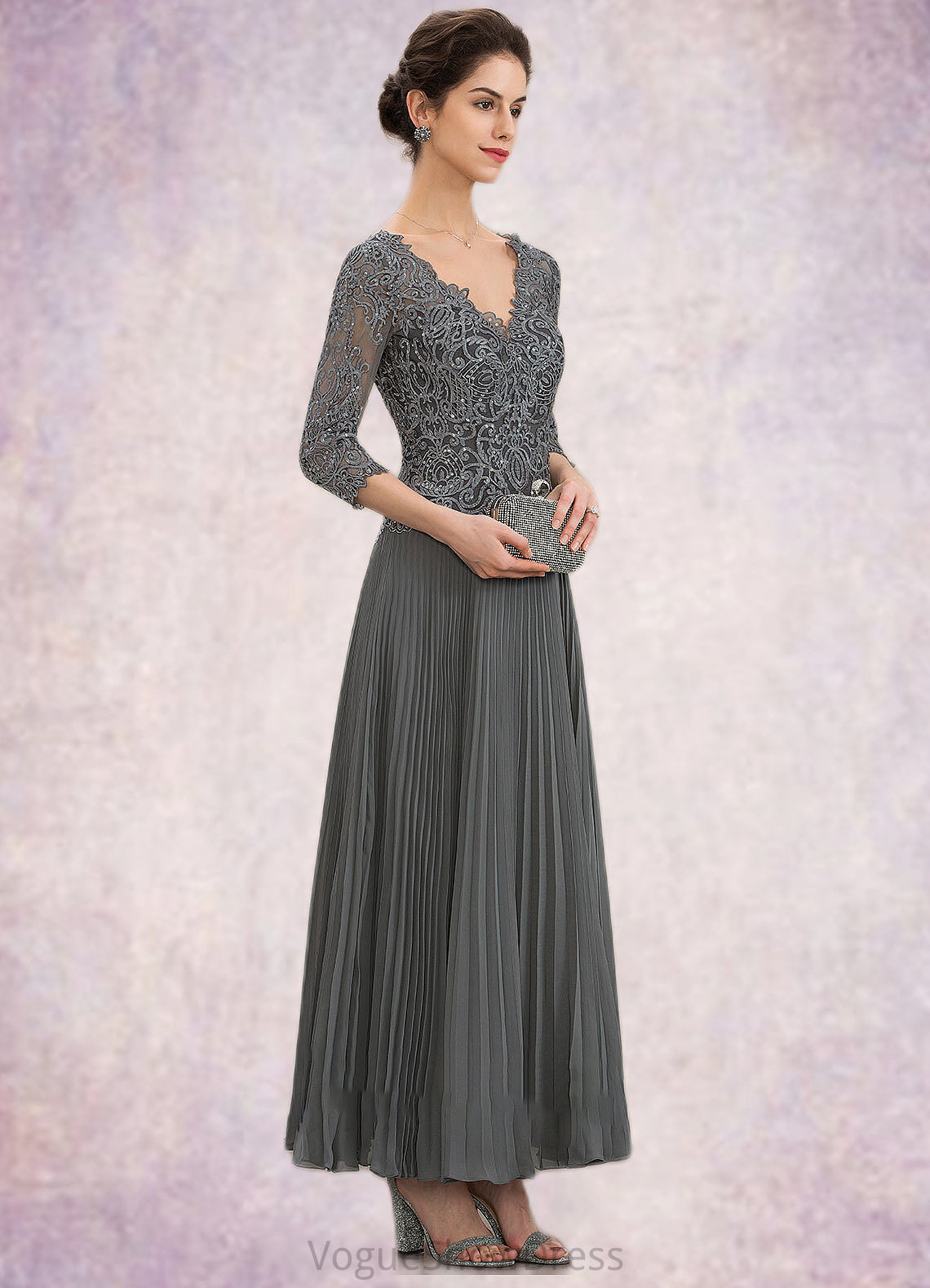 Paisley A-Line V-neck Ankle-Length Chiffon Lace Mother of the Bride Dress With Sequins Pleated DL126P0014745