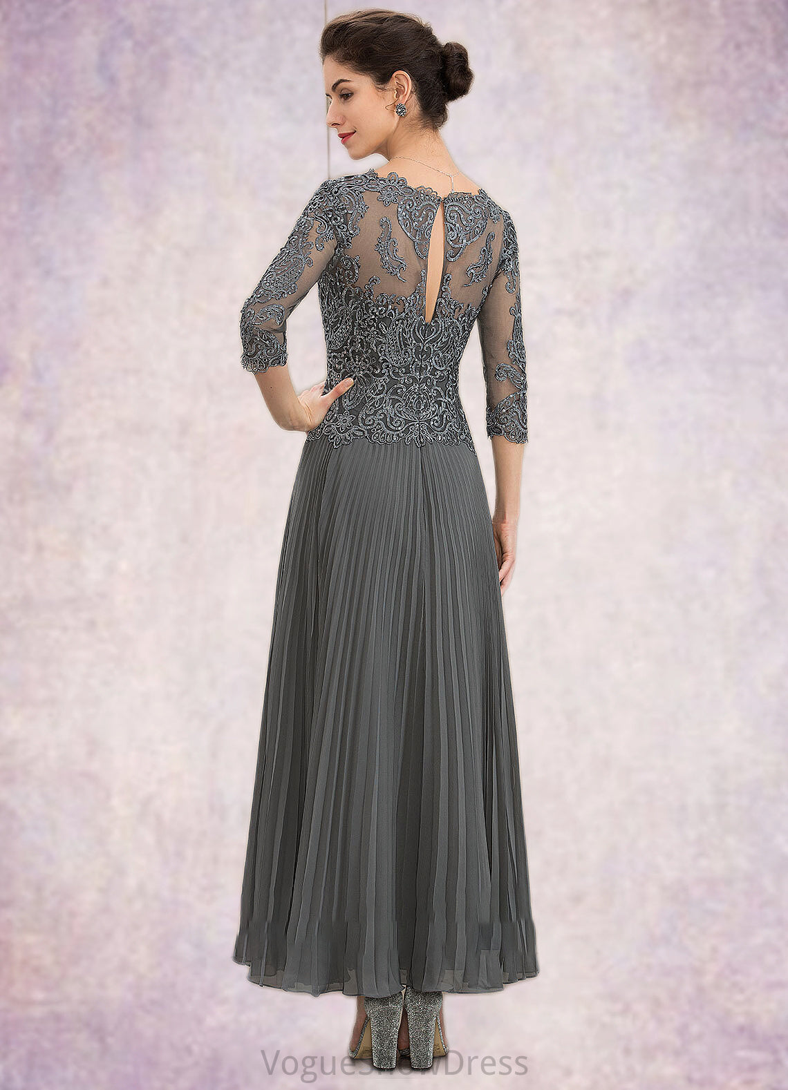 Paisley A-Line V-neck Ankle-Length Chiffon Lace Mother of the Bride Dress With Sequins Pleated DL126P0014745