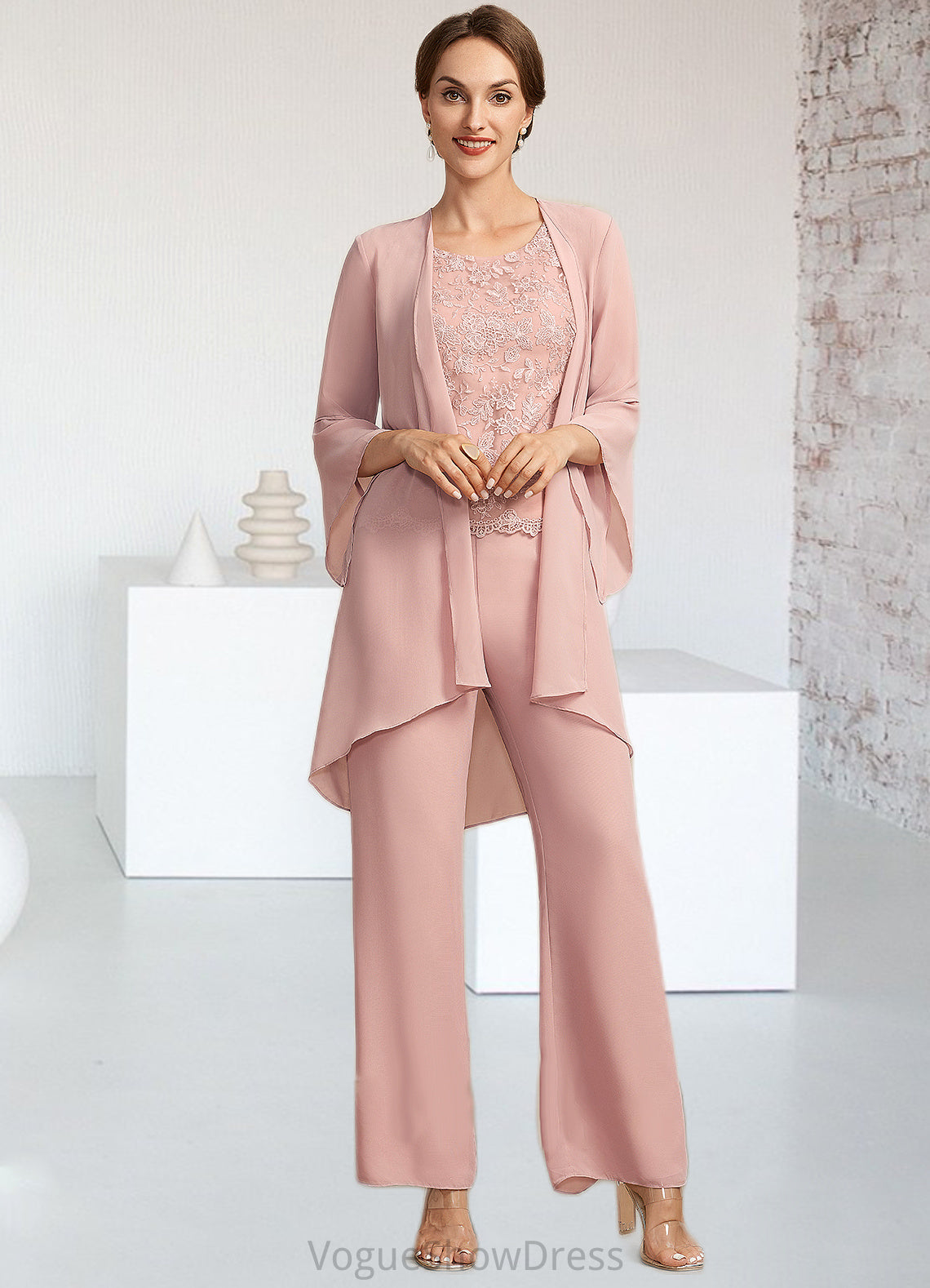 Keyla Jumpsuit/Pantsuit Scoop Neck Ankle-Length Chiffon Lace Mother of the Bride Dress DL126P0014746