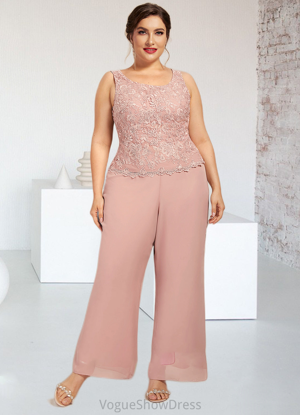 Keyla Jumpsuit/Pantsuit Scoop Neck Ankle-Length Chiffon Lace Mother of the Bride Dress DL126P0014746