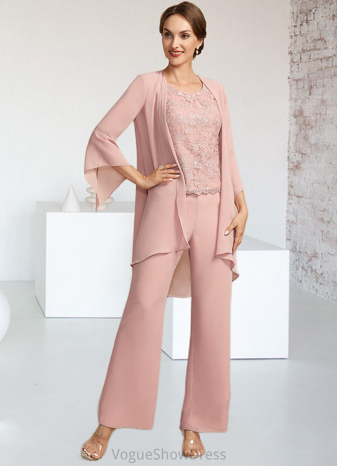 Keyla Jumpsuit/Pantsuit Scoop Neck Ankle-Length Chiffon Lace Mother of the Bride Dress DL126P0014746