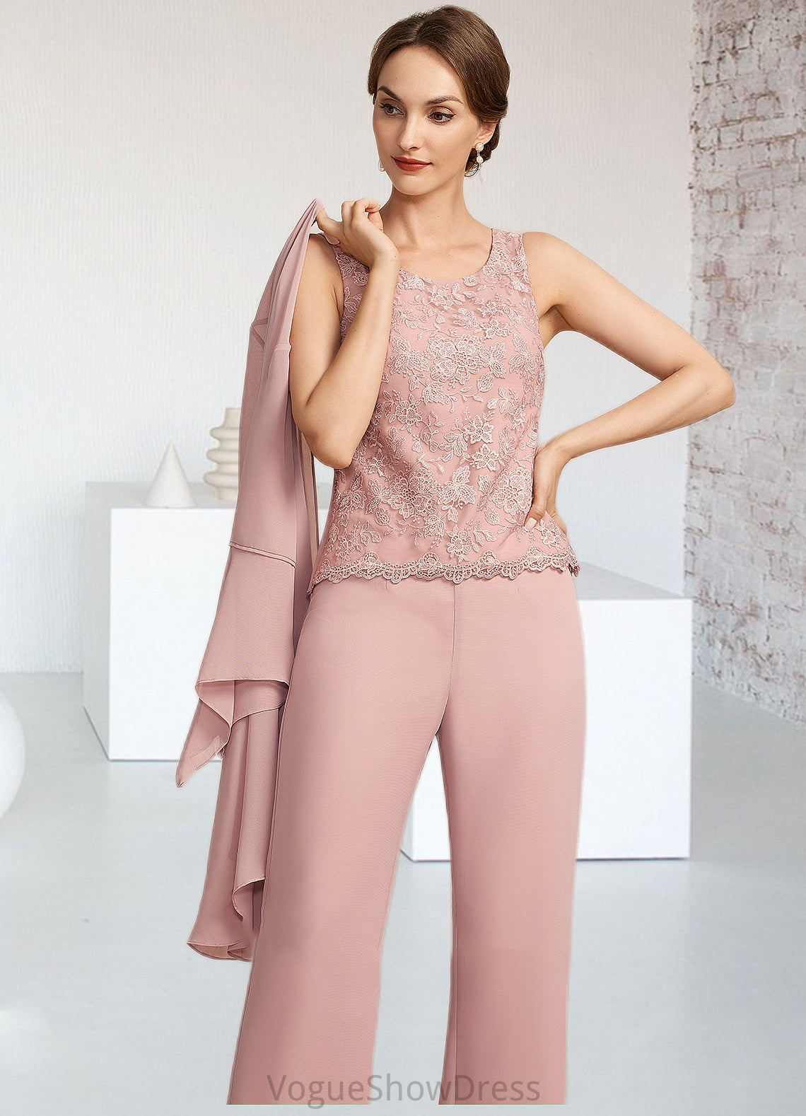 Keyla Jumpsuit/Pantsuit Scoop Neck Ankle-Length Chiffon Lace Mother of the Bride Dress DL126P0014746