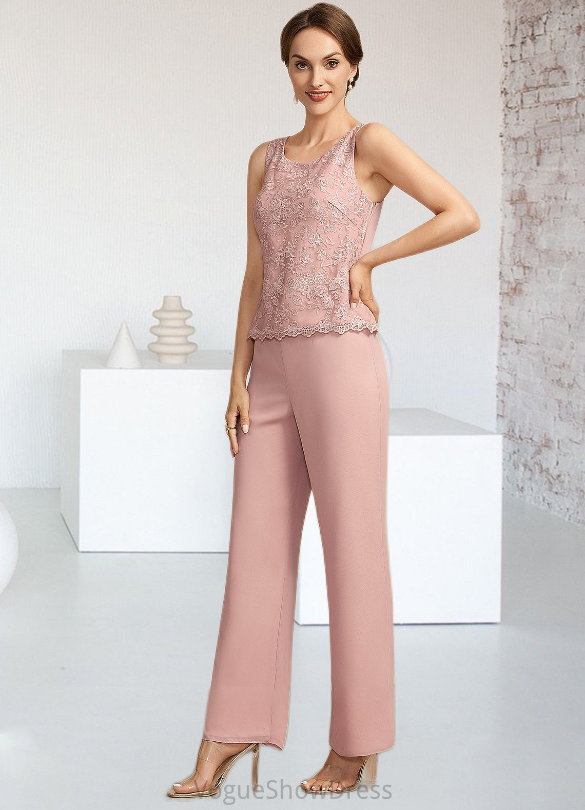 Keyla Jumpsuit/Pantsuit Scoop Neck Ankle-Length Chiffon Lace Mother of the Bride Dress DL126P0014746