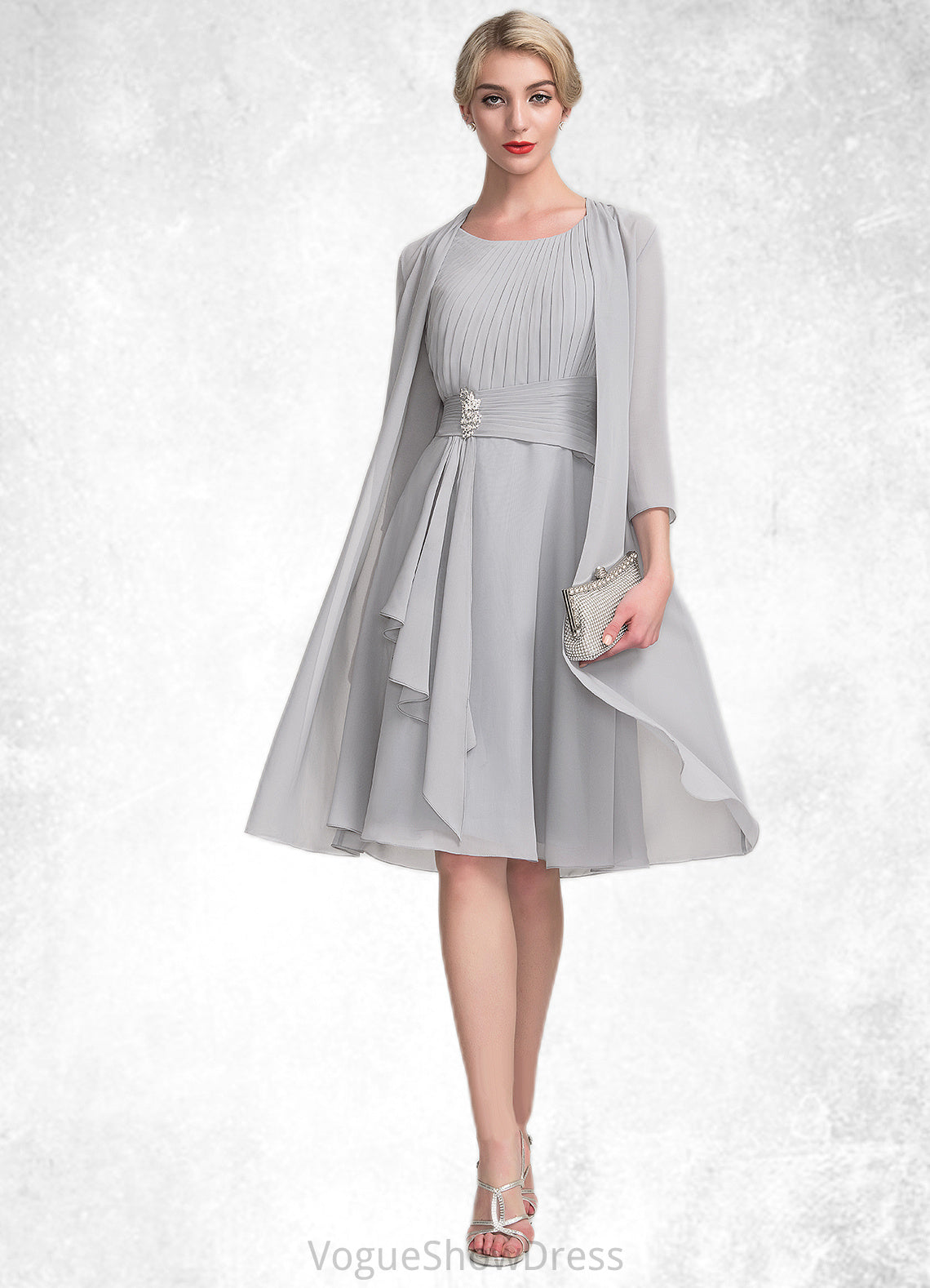 Amiah A-Line Scoop Neck Knee-Length Chiffon Mother of the Bride Dress With Beading Cascading Ruffles DL126P0014751